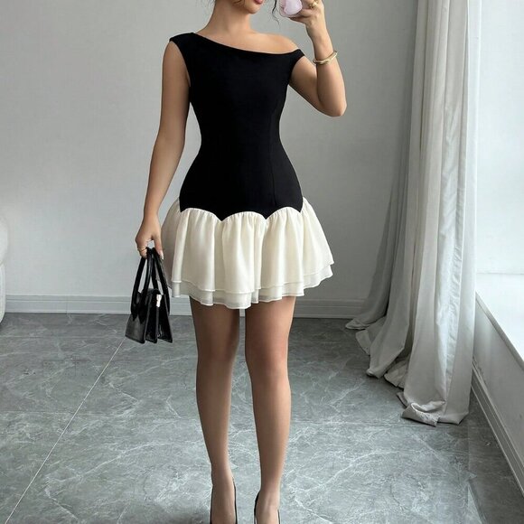 Black Casual Women's Woven Splicing Design Sleeveless Asymmetric Mini Dress - Picture 1 of 6